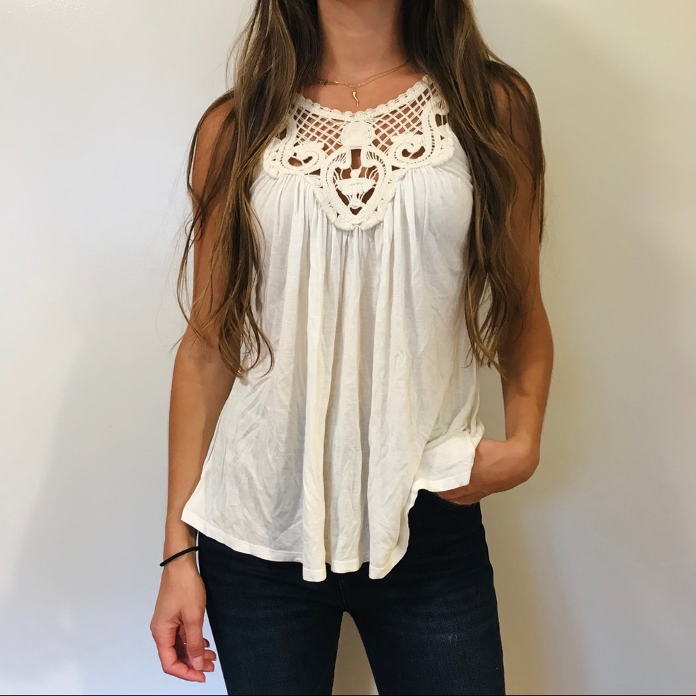 BCBG Flowy White Tank Top with Lace Front